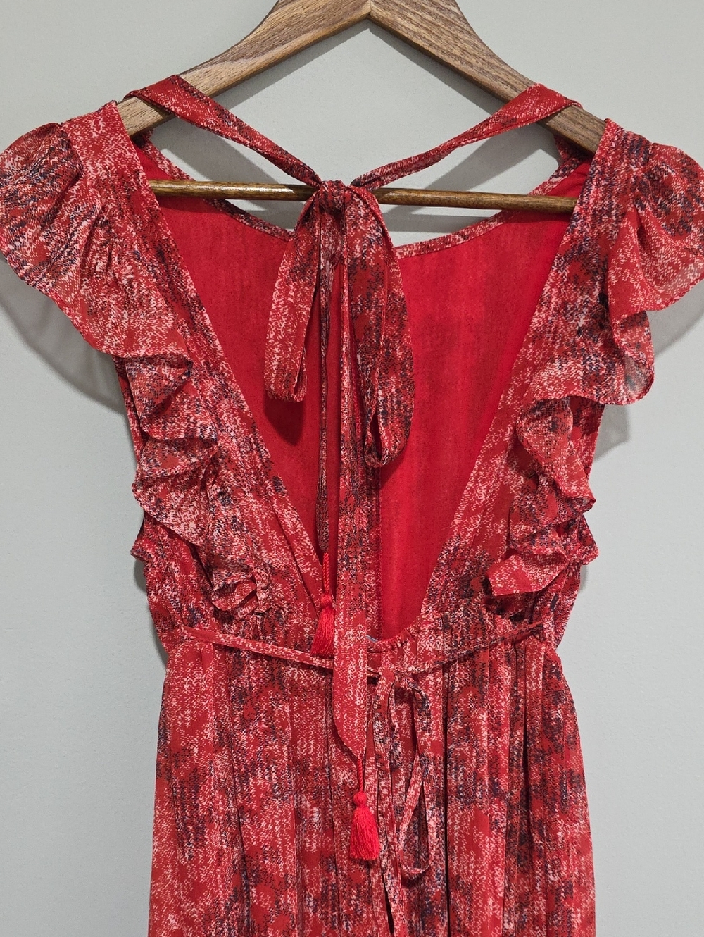 Fab RIK Red Floral Wide Leg Jumpsuit Flutter Sleeve Boho Romantic Small - Picture 8 of 9